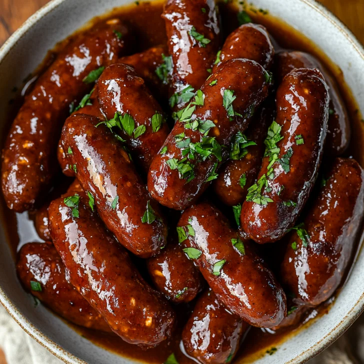 Bowl of Crockpot Apple Butter Little Smokies garnished with parsley, showcasing tender sausages in a rich sauce