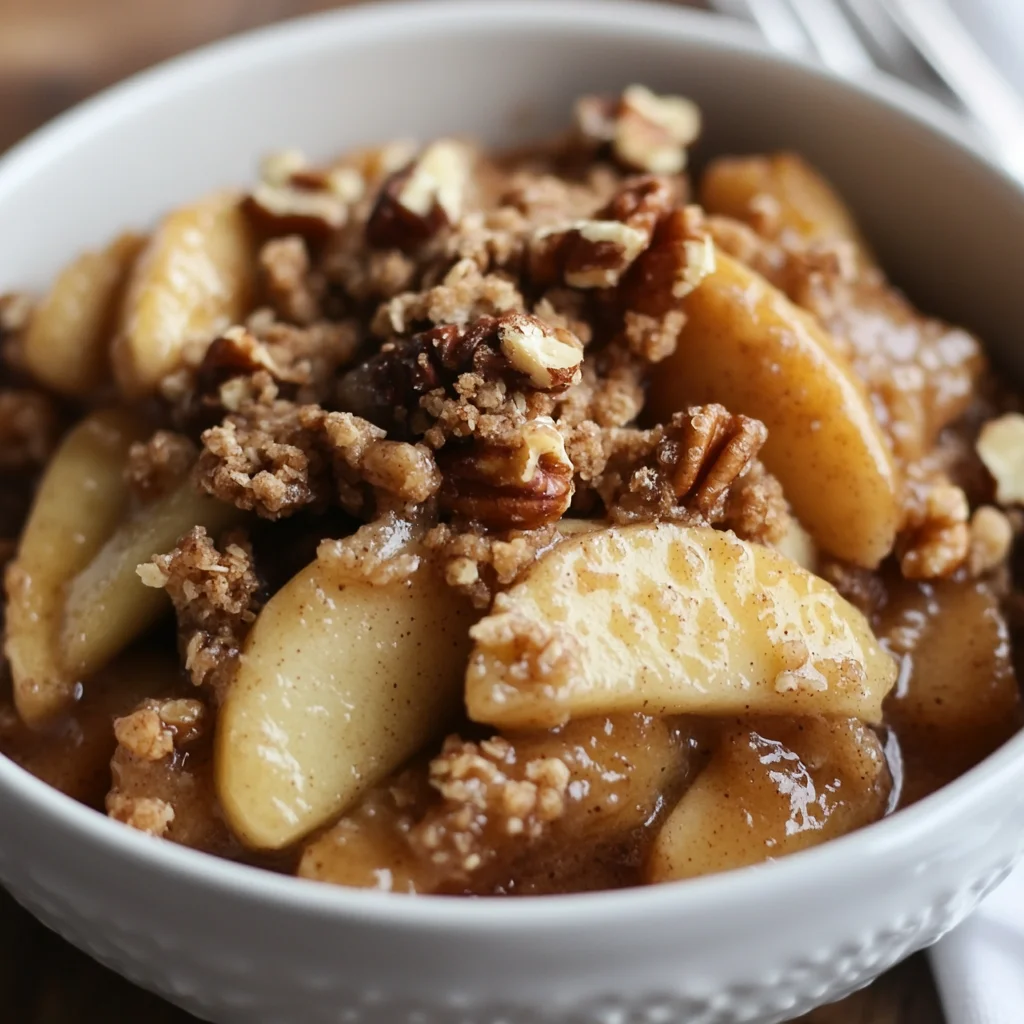 Warm Crockpot Apple Crisp in a white bowl, garnished with walnuts and a light dusting of powdered sugar