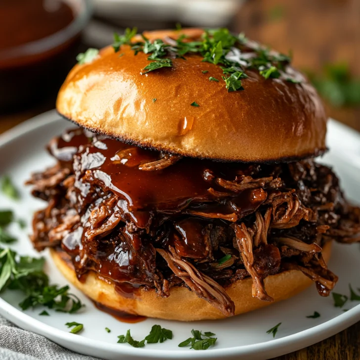 Crockpot BBQ Beef piled on a toasted bun with barbecue sauce, garnished with parsley on a white plate