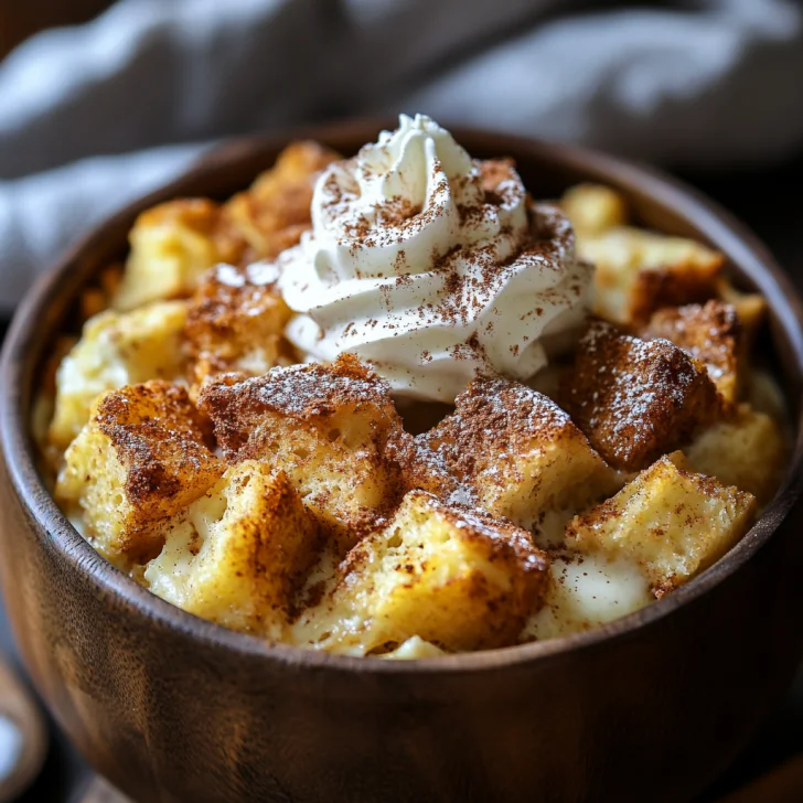 Crockpot Bread Pudding in a rustic bowl topped with whipped cream and powdered sugar, with warm tones.