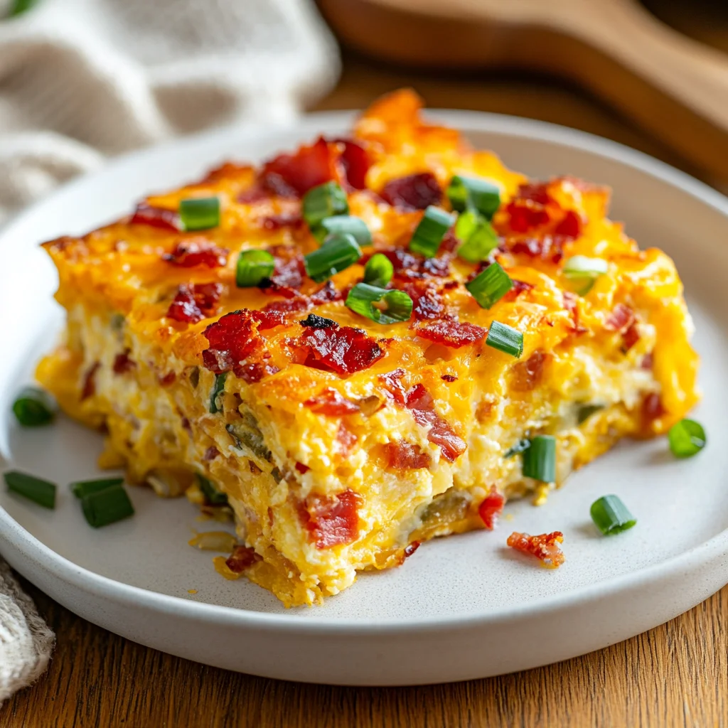 CrockPot breakfast casserole on a white plate, garnished with green onions and showing melted cheese and hash browns