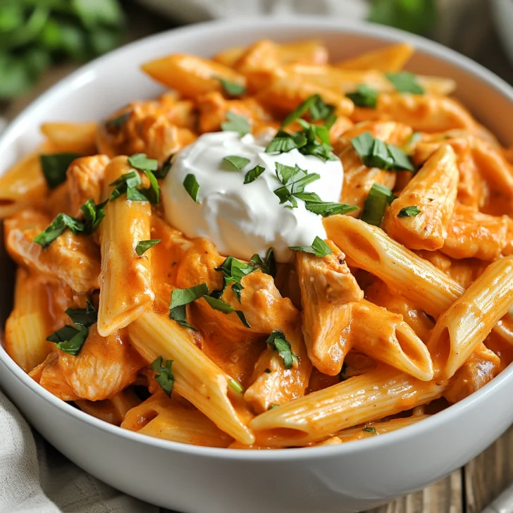 Bowl of Crockpot Buffalo Chicken Pasta garnished with sour cream and green onions on a light wood surface.