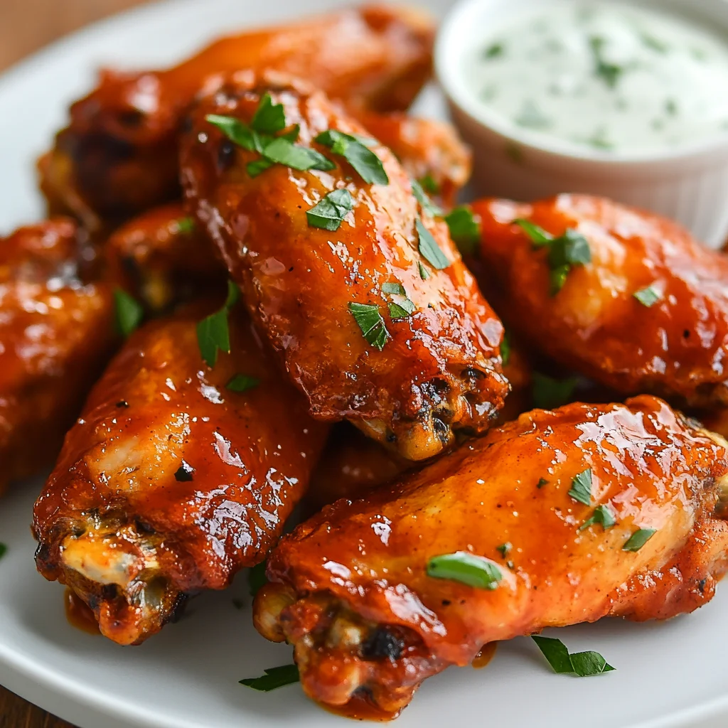 Crispy Crockpot Buffalo Chicken Wings on a white plate garnished with parsley and served with ranch dressing