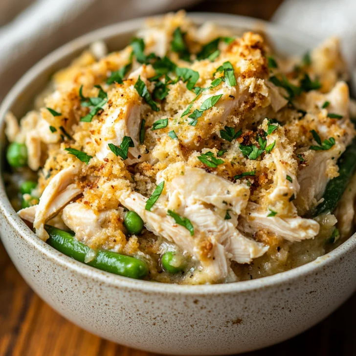 Crockpot chicken and stuffing in a rustic bowl garnished with parsley and green beans