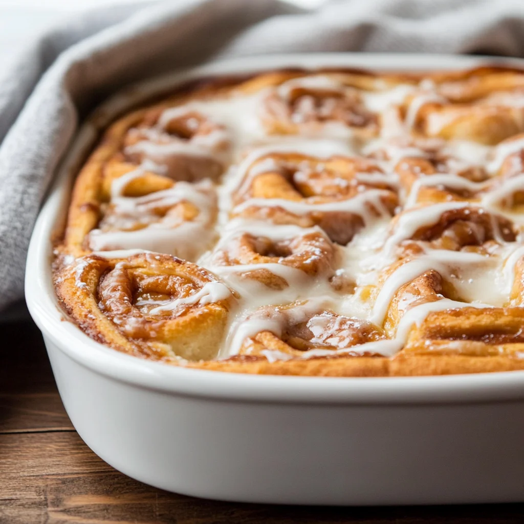 Crockpot Cinnamon Roll Casserole drizzled with icing, served on a white plate with powdered sugar on top