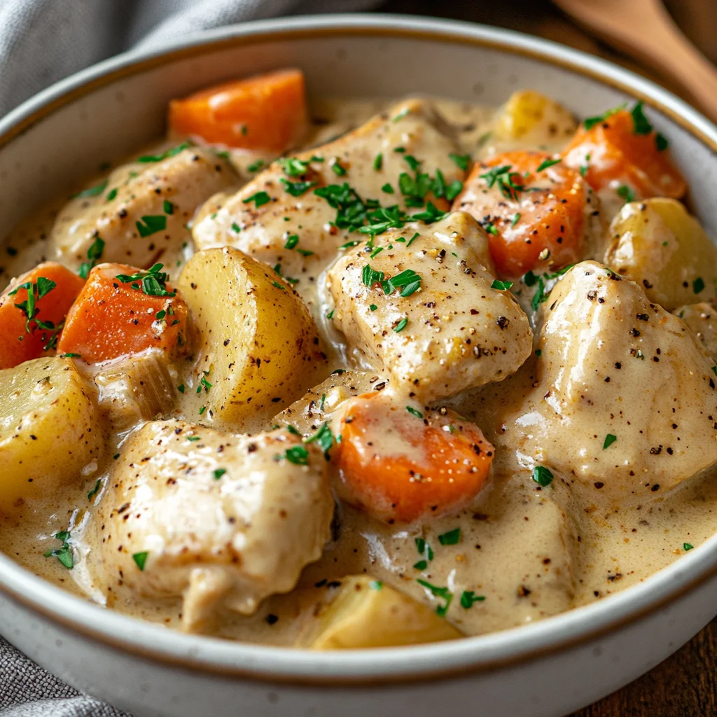 Bowl of Crockpot Creamy Ranch Chicken with tender chicken, potatoes, and carrots, garnished with parsley