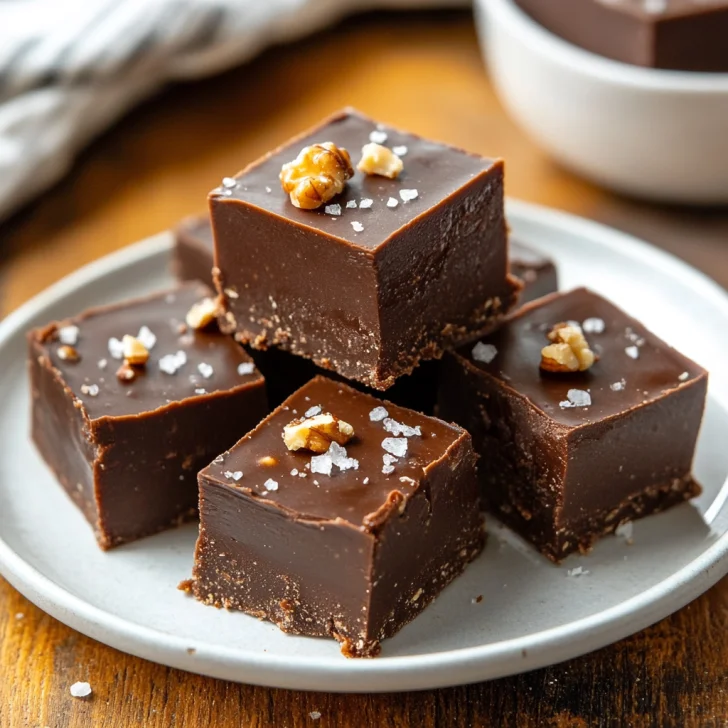 Close-up of Crockpot Fudge squares garnished with sea salt and walnuts on a white plate
