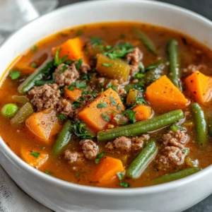 Bowl of Crockpot Healthy Hamburger Soup with fresh parsley, colorful veggies, and steam rising, served on a white table.