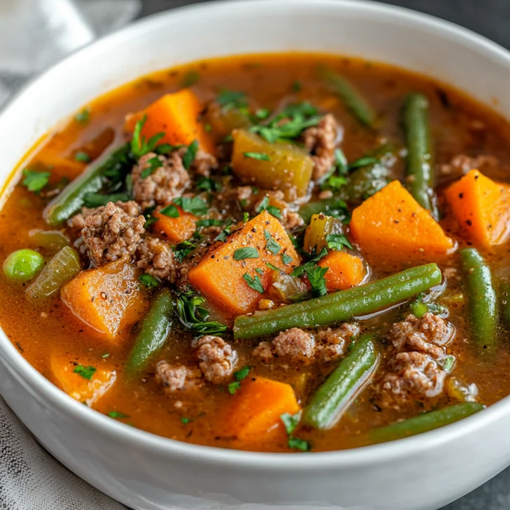 Bowl of Crockpot Healthy Hamburger Soup with fresh parsley, colorful veggies, and steam rising, served on a white table.