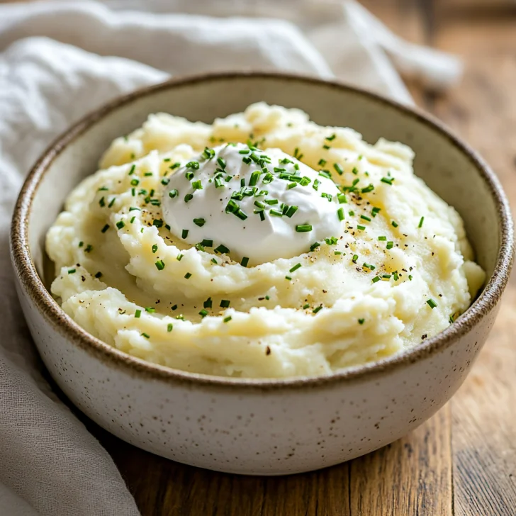 Bowl of Crockpot Mashed Potatoes topped with sour cream and fresh chives on a light wooden table