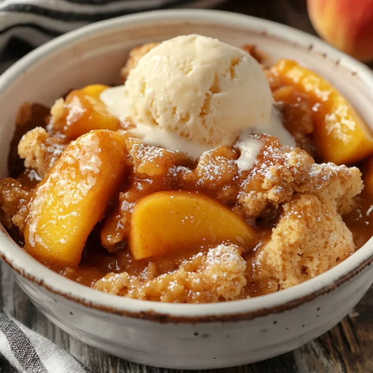 Bowl of Crockpot Peach Cobbler topped with melting vanilla ice cream and served on a wooden table