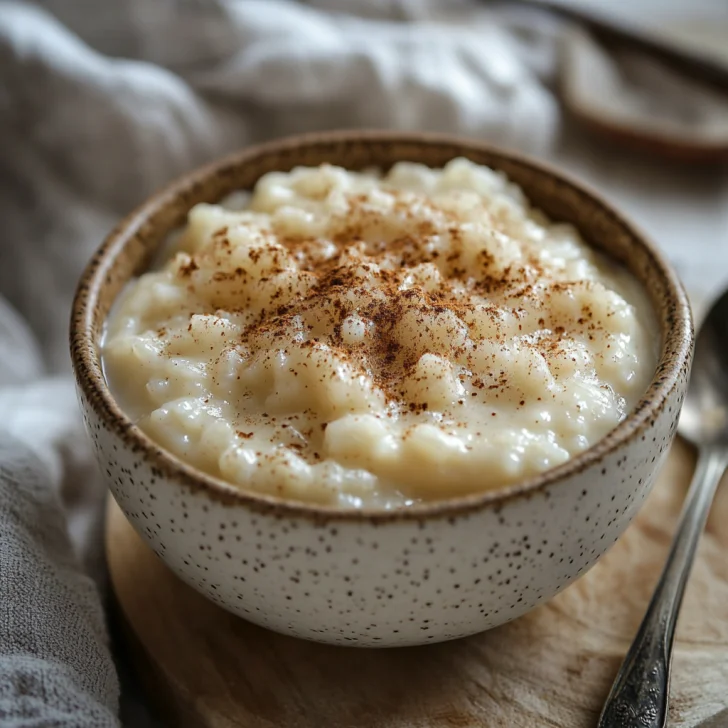 Creamy Crockpot Rice Pudding in a rustic bowl topped with cinnamon and brown sugar on a wooden table