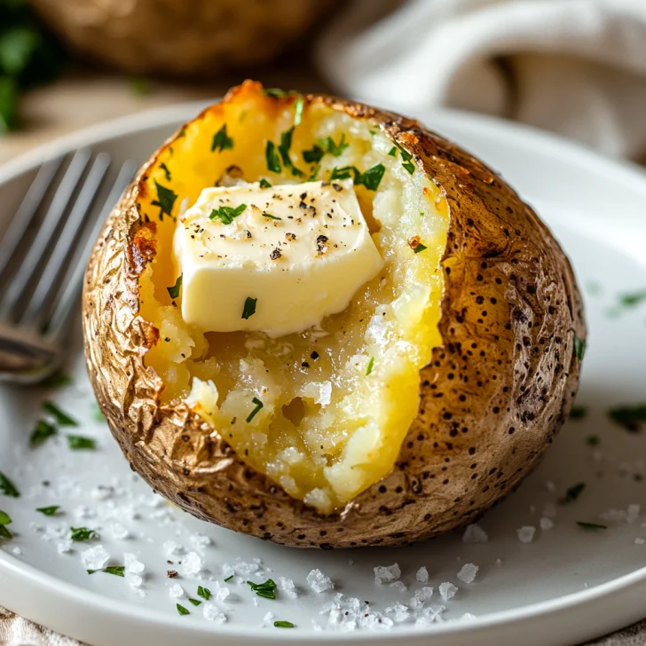 Crispy easy air fryer baked potatoes on a white plate, sliced open with fluffy insides, butter melting on top, garnished with parsley.