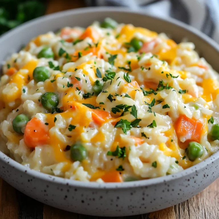 Bowl of easy cheesy vegetables and rice topped with fresh parsley in soft natural light