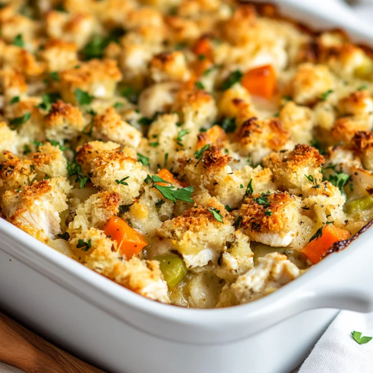 Golden Easy Chicken Stuffing Casserole in a white dish with crispy top and creamy filling on a wooden table