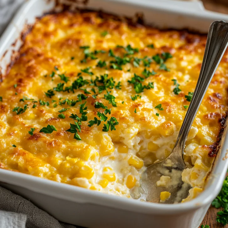 Golden easy creamy corn casserole in a white baking dish with a silver spoon and parsley garnish on a wooden table.