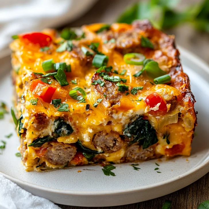 Easy Make-Ahead Breakfast Casserole on a white plate, topped with green onions and parsley, showcasing layers of sausage and veggies.