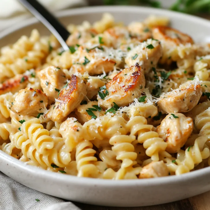 Creamy easy one-pot chicken alfredo in a white bowl, topped with grated Parmesan and parsley, on a light wooden table.