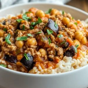 Bowl of Easy One-Pot Moussaka Beef Pilaf garnished with parsley and served on a wooden table
