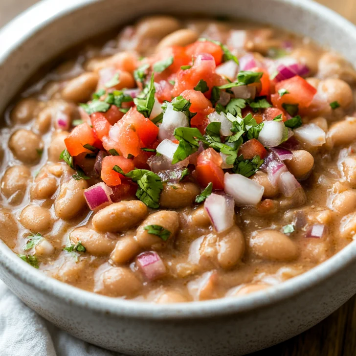 Bowl of easy one-pot pinto beans topped with melted cheese and pico de gallo on a wooden table