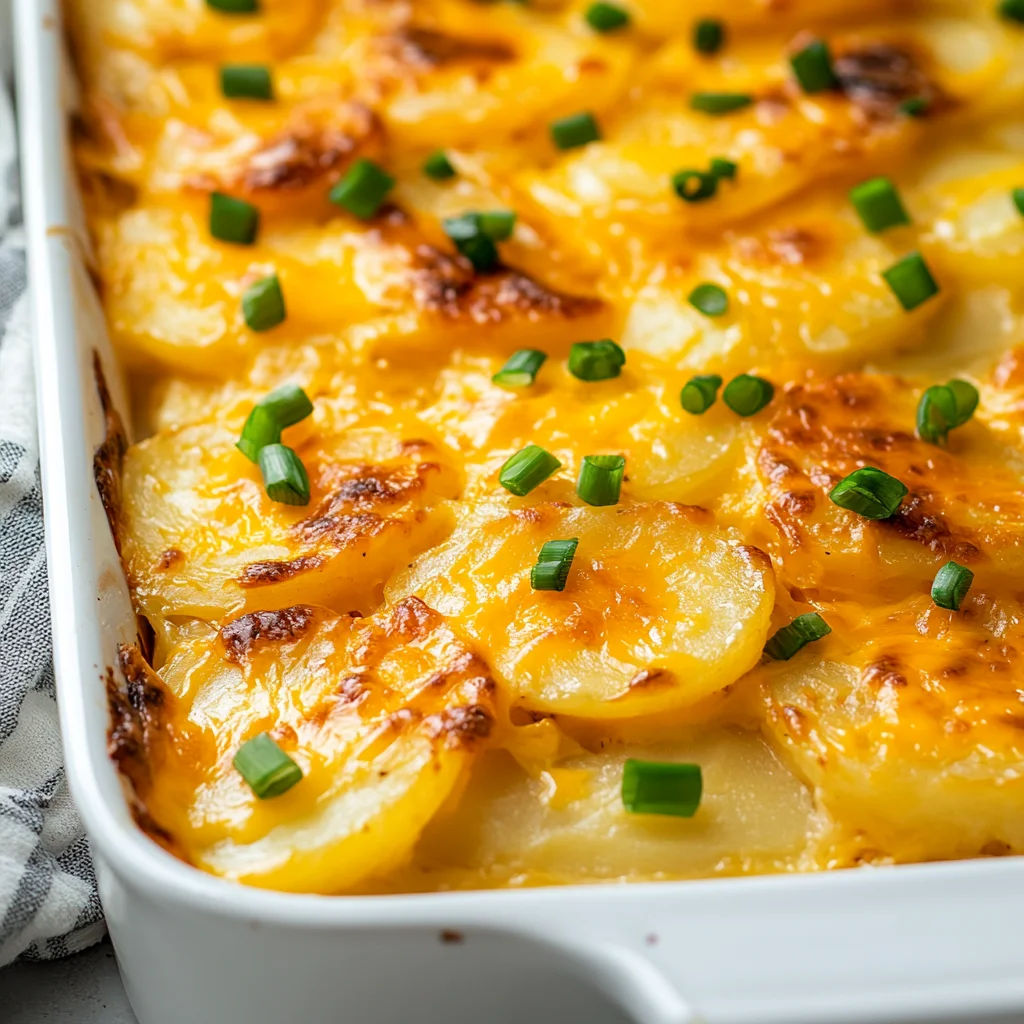 Baked easy potato casserole topped with melted cheese and green onions in a white dish on a wooden table