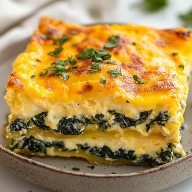 Golden Eggs Florentine Casserole garnished with parsley, served in a baking dish, warm and cheesy