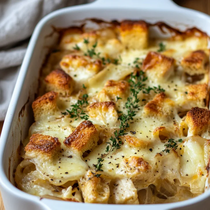 Golden French Onion Chicken Casserole topped with melted cheese and croutons, garnished with thyme