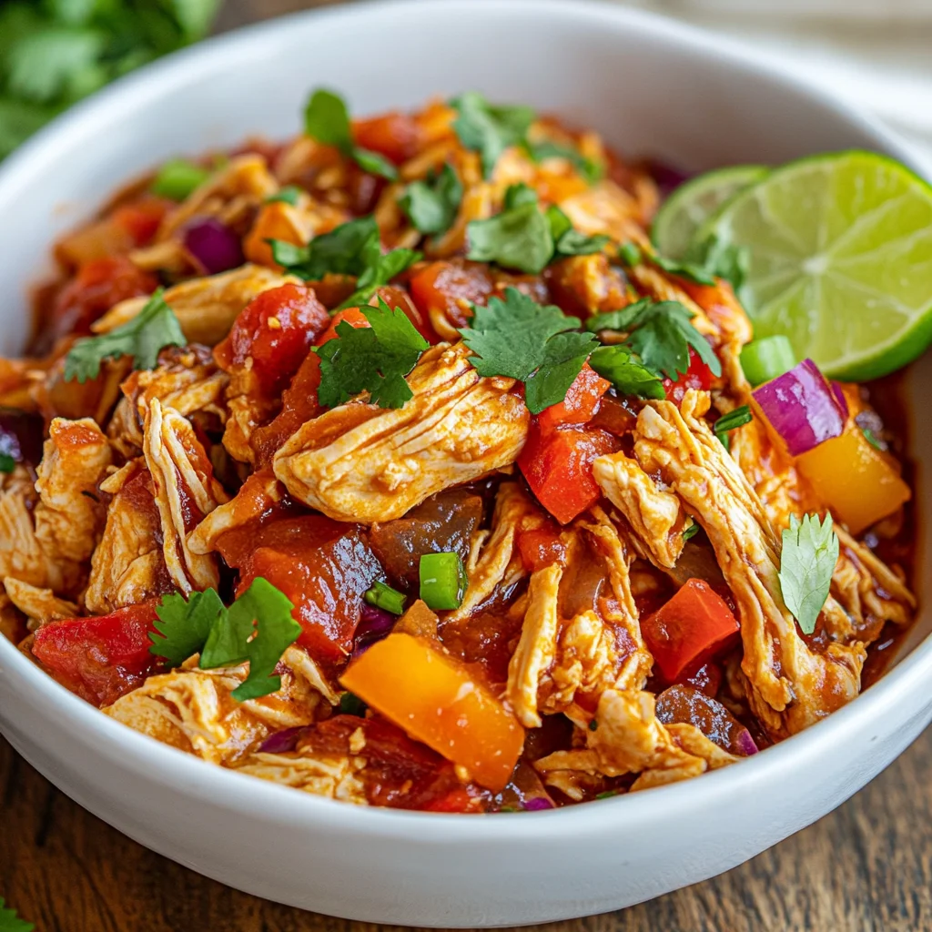 Healthy Crockpot Salsa Chicken in a white bowl topped with fresh cilantro and lime on a light wood surface.