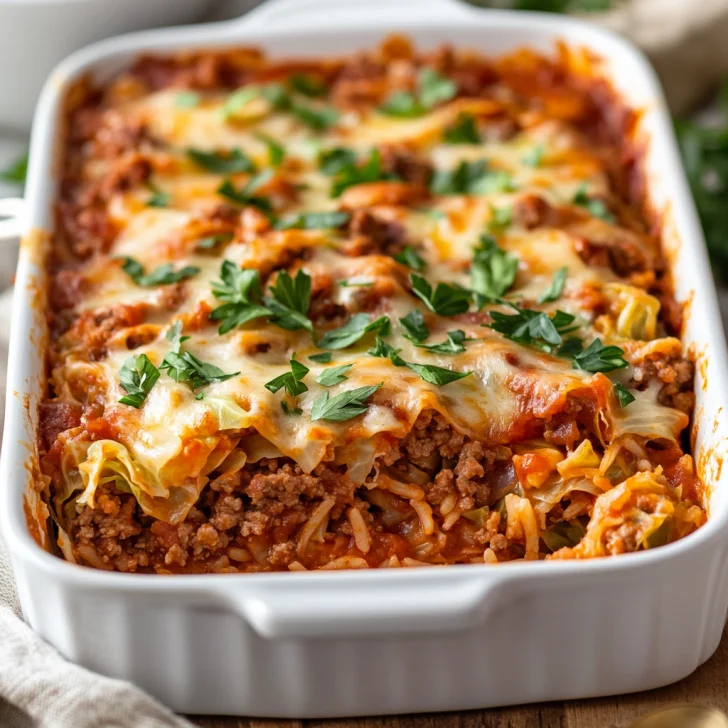 Freshly baked lazy cabbage roll casserole in a white dish, layered with beef, cabbage, rice, tomato sauce, and garnished with parsley.