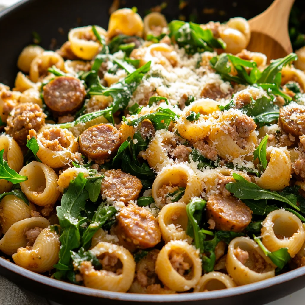 One Pan Orecchiette Pasta in a skillet, topped with arugula and Parmigiano-Reggiano cheese, served warm and inviting