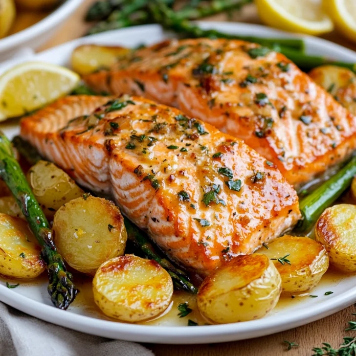 Delicious One-Pan Salmon and Veggies on a white plate, garnished with thyme and lemon, showcasing vibrant colors.