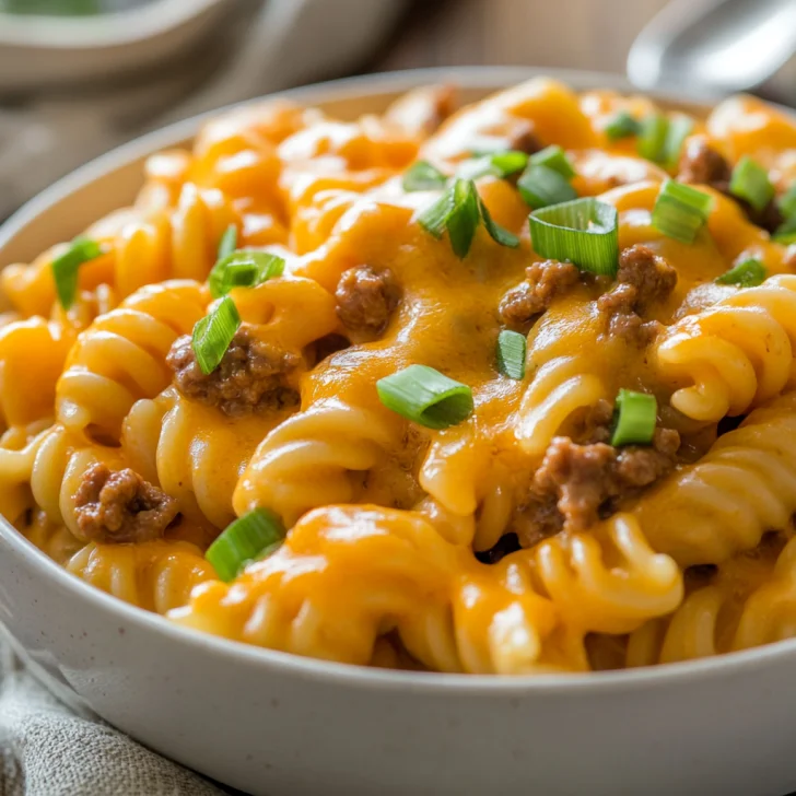 Creamy one pot cheeseburger pasta topped with melted cheddar and green onions in a white bowl on a light wooden table