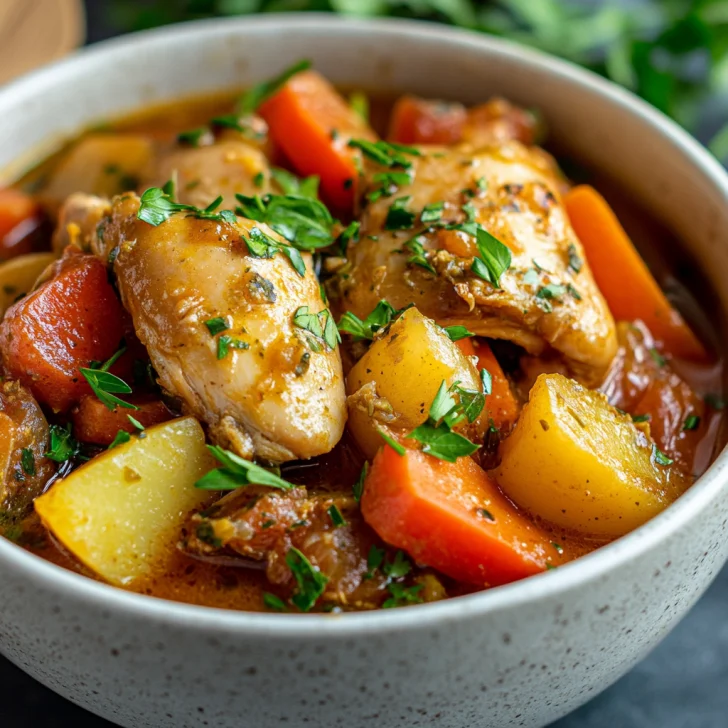 Bowl of One Pot Chicken Stew with chicken, potatoes, and carrots garnished with parsley