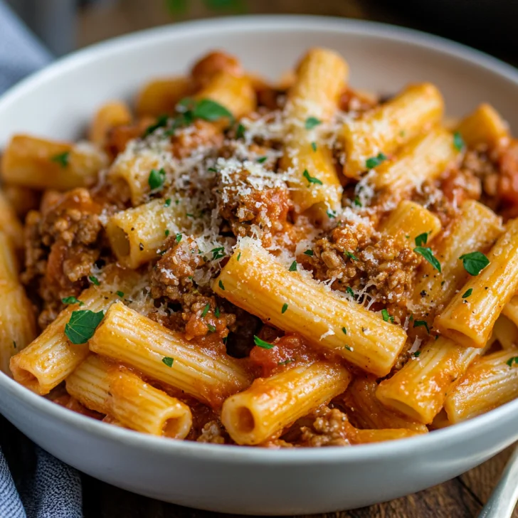 Bowl of one pot creamy tomato beef pasta topped with Parmesan and parsley on a light wood surface with a fork beside it