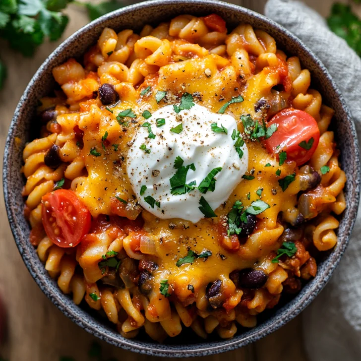 Bowl of One Pot Enchilada Pasta topped with melted cheese, sour cream, and cilantro