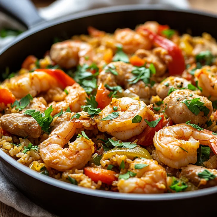 Bowl of One Pot Keto Jambalaya with Cauliflower Rice topped with fresh parsley and colorful vegetables
