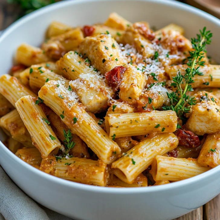 One Pot Marry Me Chicken Pasta served in a white bowl garnished with parsley and Parmesan cheese
