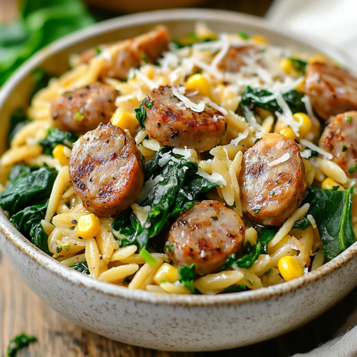 One Pot Orzo with Sausage and Spinach served in a white bowl, topped with Parmesan and black pepper
