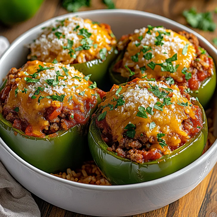 One Pot Stuffed Peppers in a rustic bowl garnished with Parmesan cheese and steam rising, on a wooden table.