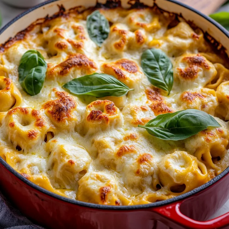 One Pot Tortellini Bake in a red Dutch oven, topped with melted cheese and fresh basil, served on a wooden counter.