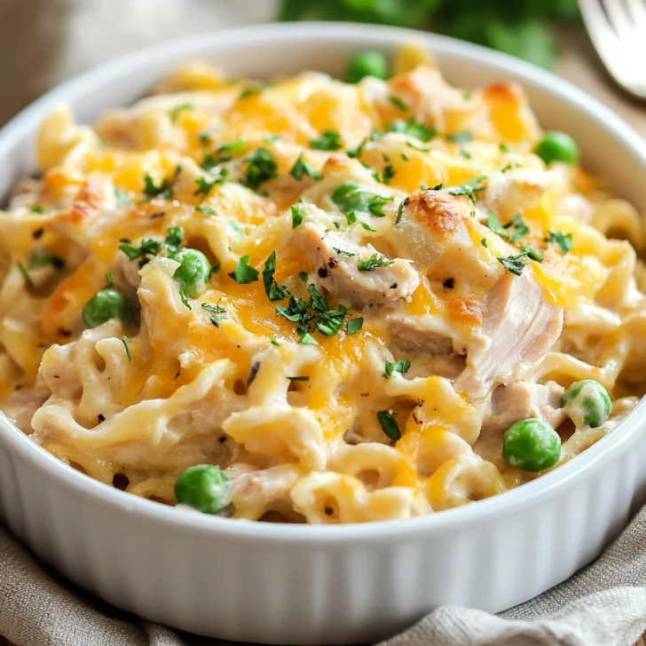 Cheesy one pot tuna casserole in a white bowl, garnished with parsley, with egg noodles, peas, and tuna on a wooden table