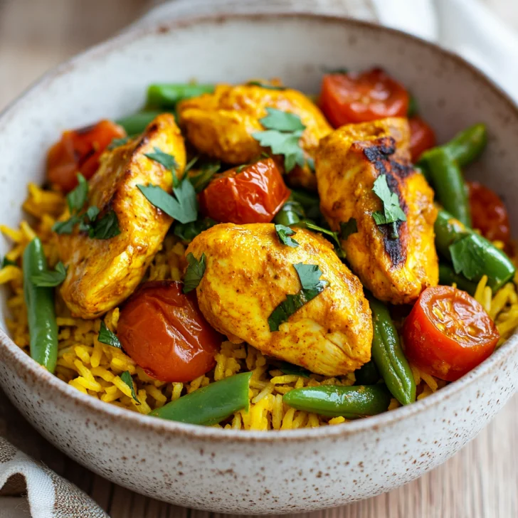 One Pot Turmeric Chicken and Rice in a Dutch oven, garnished with fresh cilantro and green beans