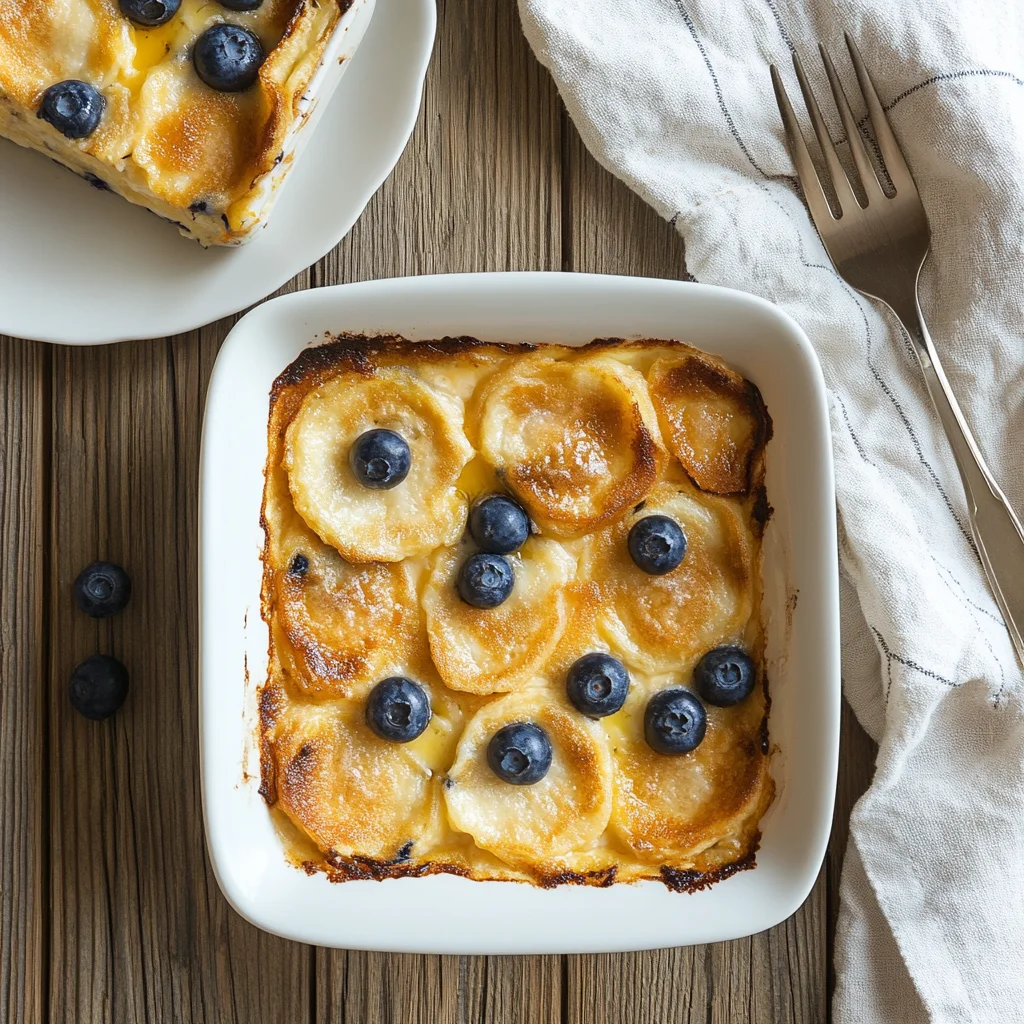 Pancake Breakfast Casserole: The Ultimate Make-Ahead Morning Shortcut Pancake breakfast casserole topped with fresh blueberries and maple syrup on a white plate