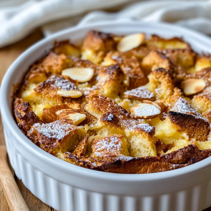 Panettone French Toast Casserole served in a white dish, topped with almonds and dusted with confectioners' sugar.