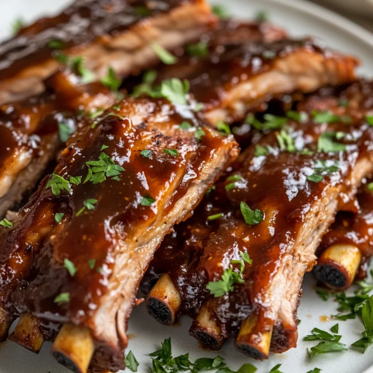 Slow Cooker Barbecue Ribs on a white plate, garnished with parsley and coated in rich barbecue sauce