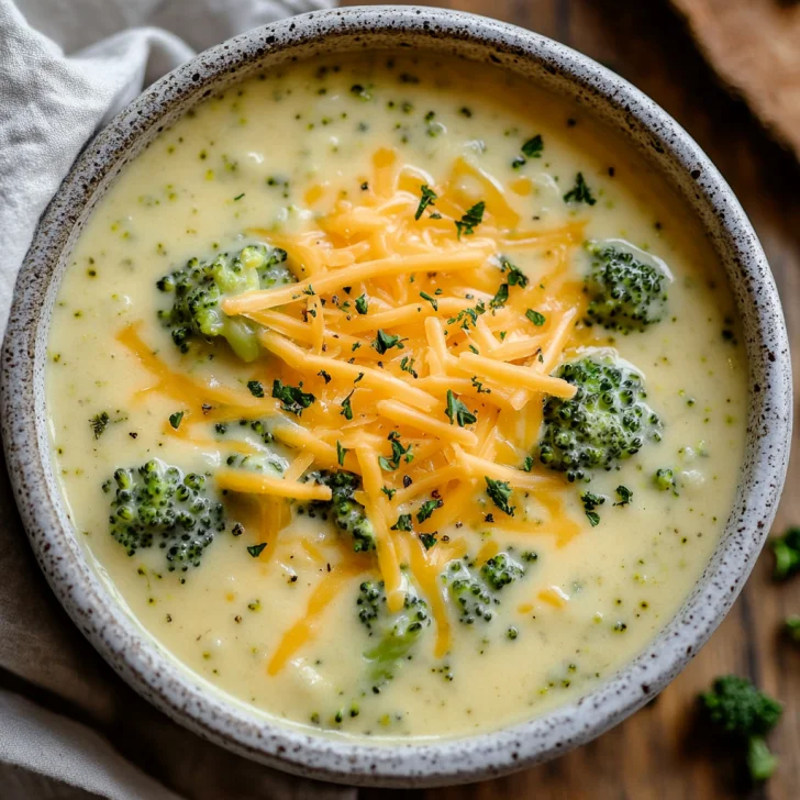 Bowl of Slow Cooker Broccoli Cheese Soup topped with shredded cheddar and parsley on a wooden table