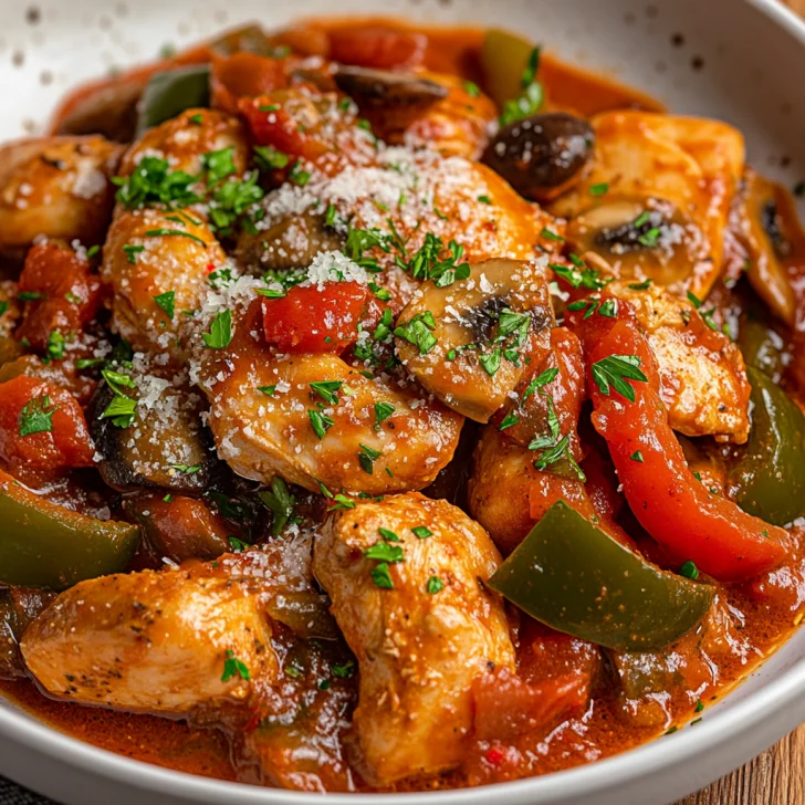 Bowl of Slow Cooker Chicken Cacciatore topped with fresh parsley and grated Parmesan on a wooden table