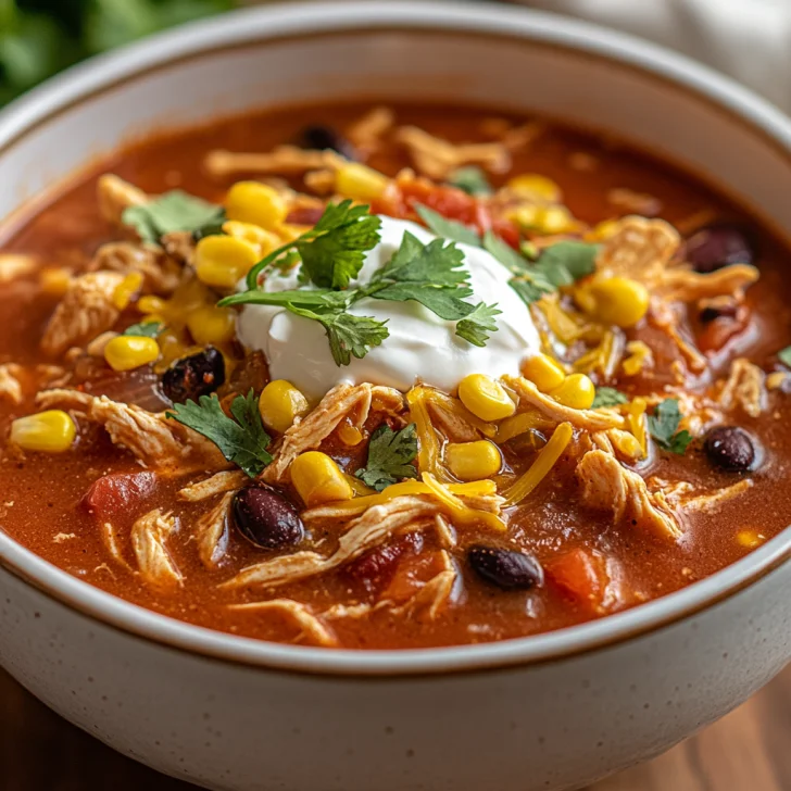 Bowl of Slow Cooker Chicken Enchilada Soup topped with sour cream and cheese, garnished with cilantro