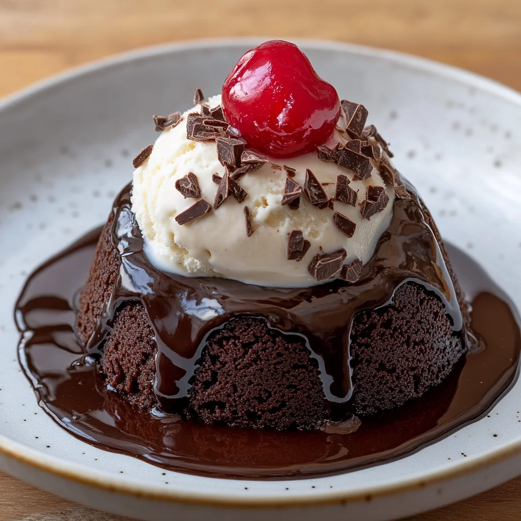 Slow Cooker Chocolate Lava Cake - Gooey Crockpot Dessert for 8 Slices of Slow Cooker Chocolate Lava Cake on a white plate topped with vanilla ice cream and a cherry