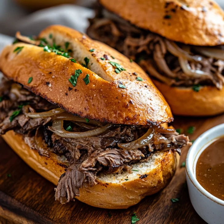Slow cooker French dip sandwiches with shredded beef, melted cheese, and au jus on a board, garnished with parsley